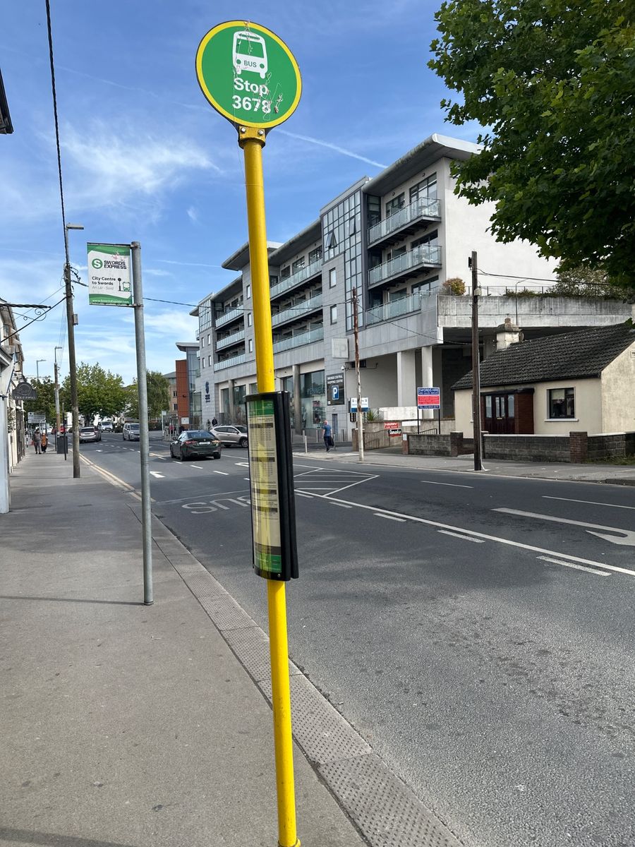 Bus from Swords Village to Sutton Station, Swords Manor, Ormond Avenue and Swords Pavilions — stop 3678 — bus stop, Main Street Swords